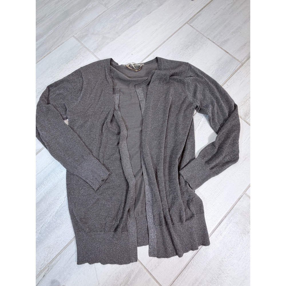 Dear Cashmere Grey Metallic Tissue Knit Open Front Cardigan Sweater Large